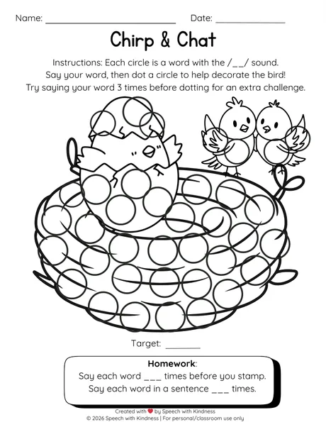 Black-and-white dot page, dot circles to decorate a bird and its nest.