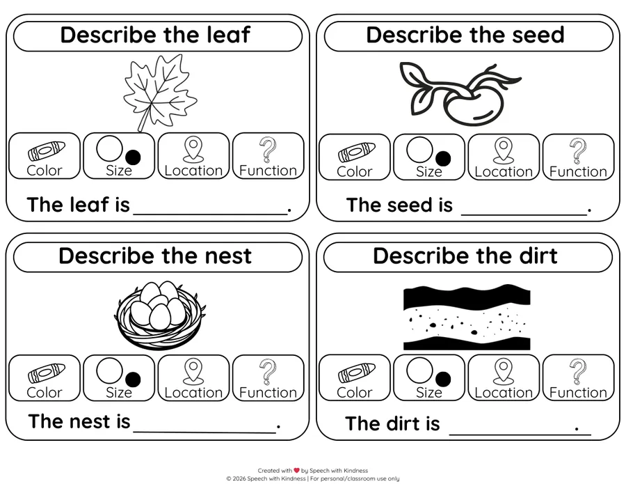 Black-and-white describing page prompting colour, size, location and function.