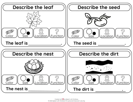 Black-and-white describing page prompting colour, size, location and function.