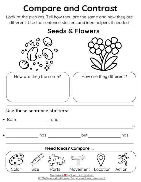Black-and-white compare page for seeds and flowers with sentence starters.