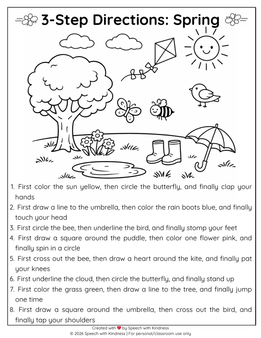 Black-and-white three-step directions page over a spring park scene.