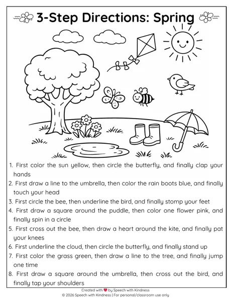 Black-and-white three-step directions page over a spring park scene.