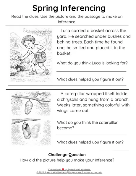 Black-and-white inferencing page, two short passages with clue questions.