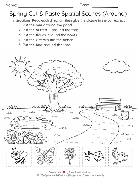 Black-and-white cut-and-paste scene, place five pictures around a tree.