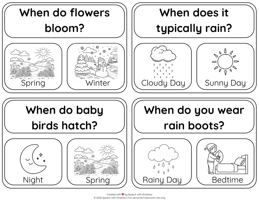 Black-and-white when-question cards with two picture choices each.