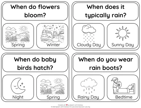 Black-and-white when-question cards with two picture choices each.
