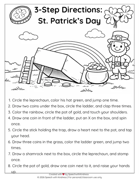 Black-and-white three-step directions page over a leprechaun trap scene.