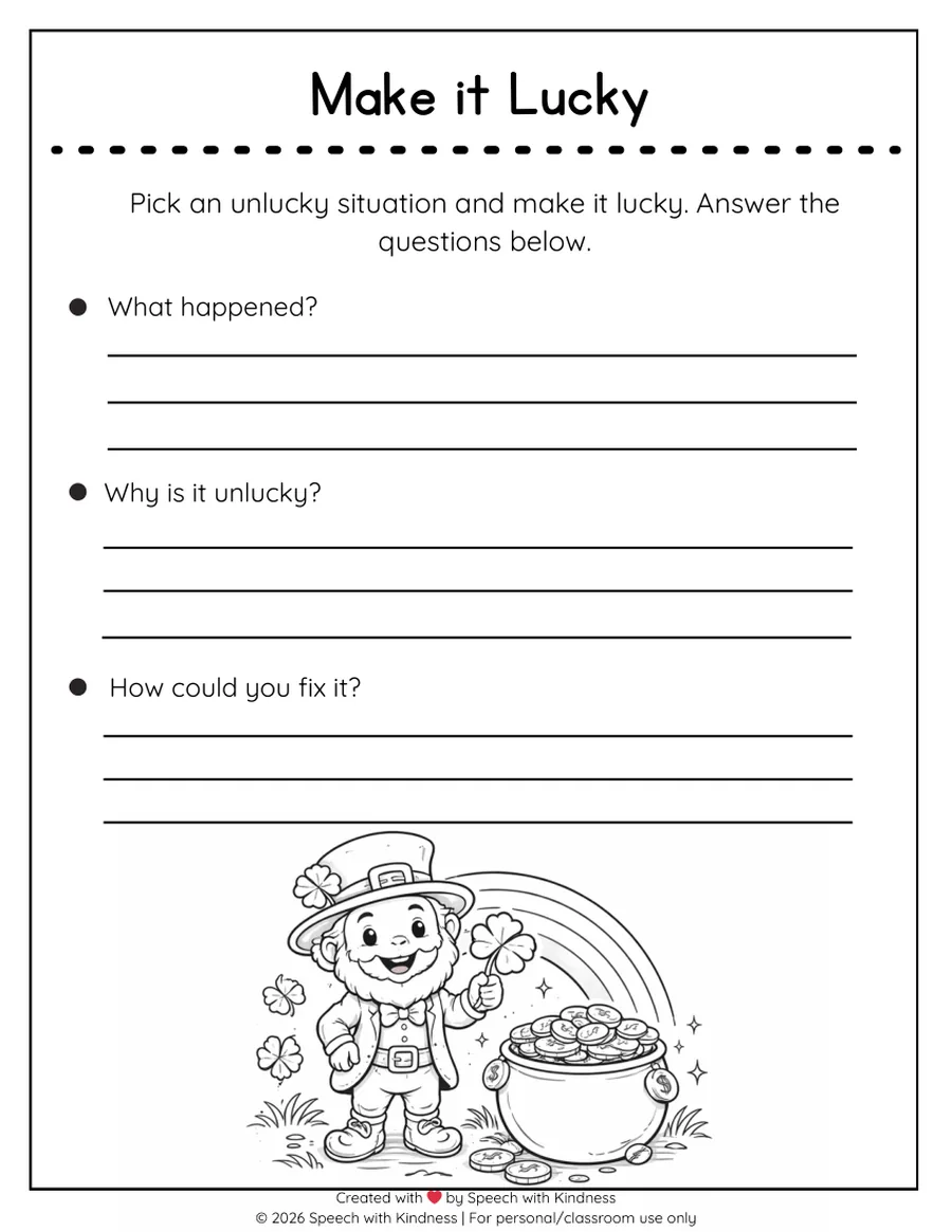 Black-and-white make-it-lucky page with what, why and how-to-fix prompts.