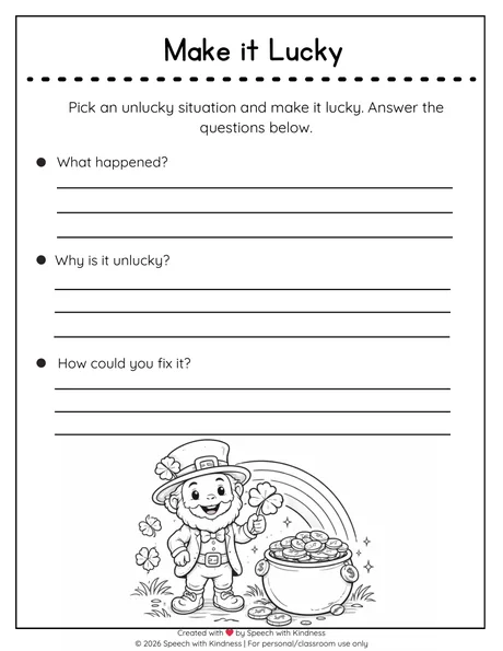 Black-and-white make-it-lucky page with what, why and how-to-fix prompts.