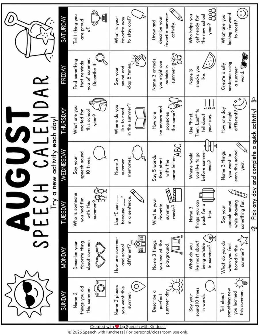 Black-and-white monthly calendar with a short speech activity in each day.