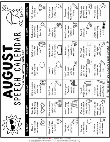 Black-and-white monthly calendar with a short speech activity in each day.