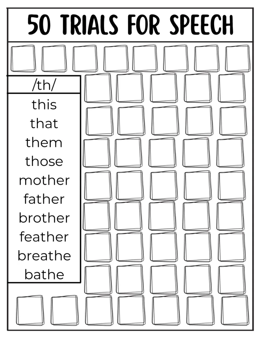 Black-and-white fifty-trial tracking grid for /th/ words.