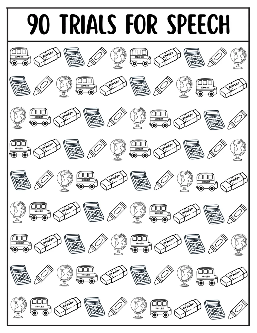Black-and-white ninety-trial tracking grid with school-supply icons.