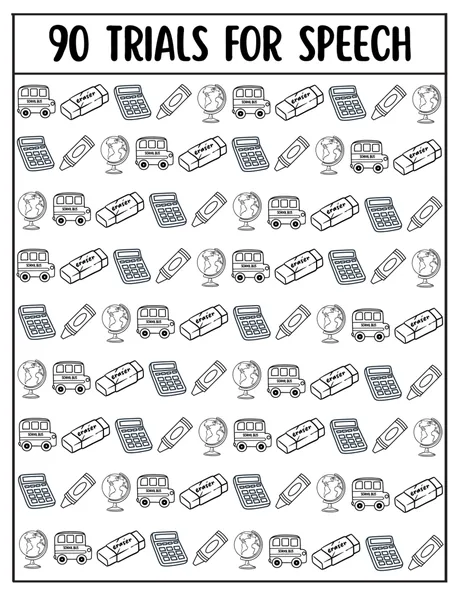 Black-and-white ninety-trial tracking grid with school-supply icons.