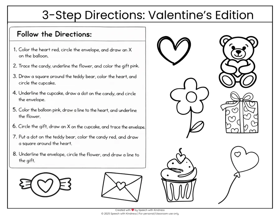 Black-and-white three-step directions page over Valentine pictures.
