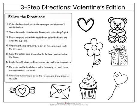 Black-and-white three-step directions page over Valentine pictures.