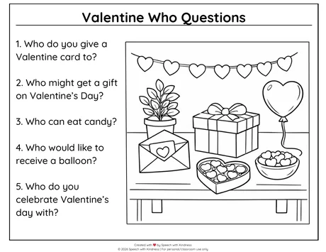 Black-and-white who-question page over a Valentine gift scene.