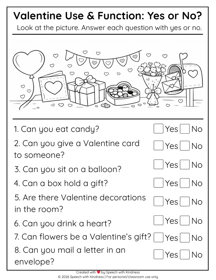 Black-and-white yes-or-no page, eight use-and-function questions.