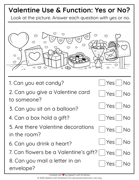 Black-and-white yes-or-no page, eight use-and-function questions.