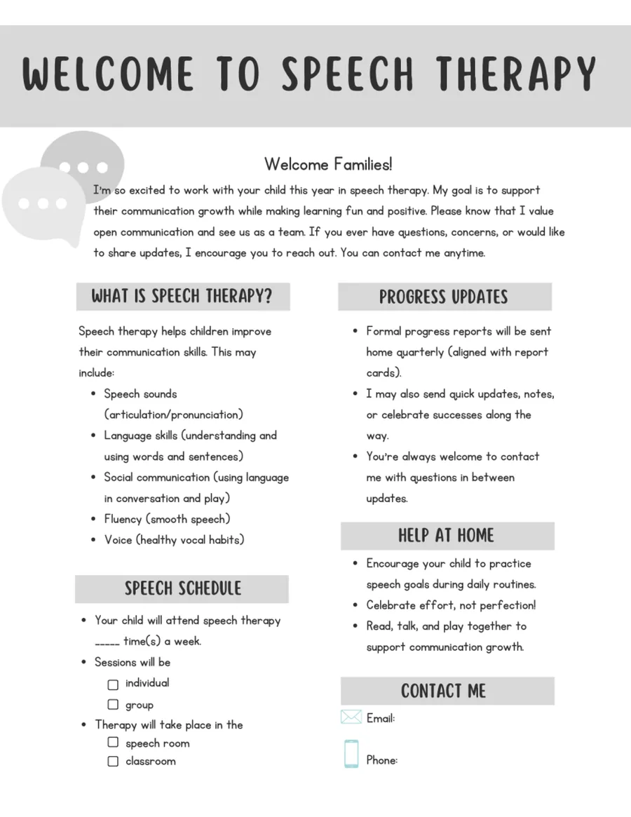 Black-and-white parent letter covering what speech therapy is and help at home.