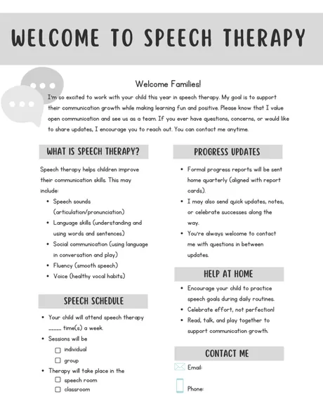 Black-and-white parent letter covering what speech therapy is and help at home.