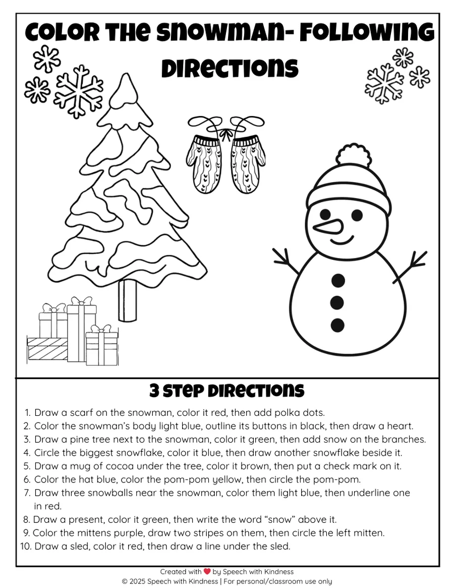 Black-and-white three-step directions page over a snowman scene.