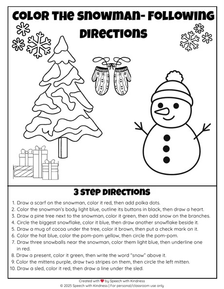 Black-and-white three-step directions page over a snowman scene.