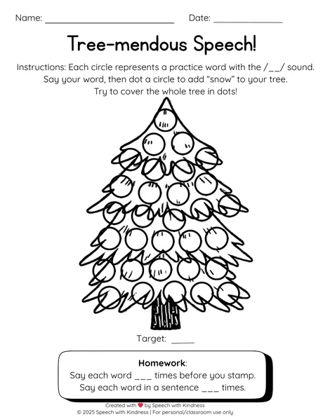 Black-and-white dot page, dot circles to add snow to a tree.