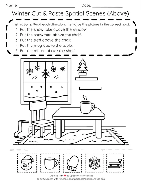 Black-and-white cut-and-paste scene, place a snowman and sled above window furniture.