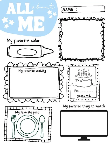 Prompts for favourite colour, activity, food and thing to watch.