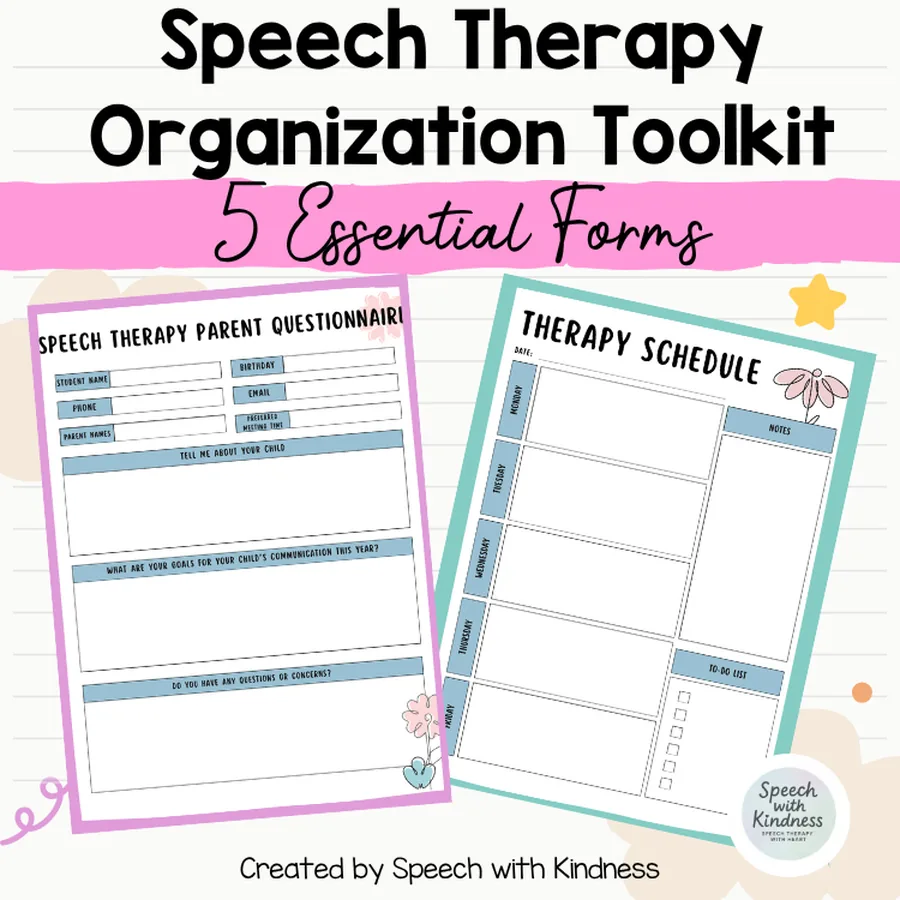 Badged five essential forms, including a parent questionnaire and a therapy schedule.