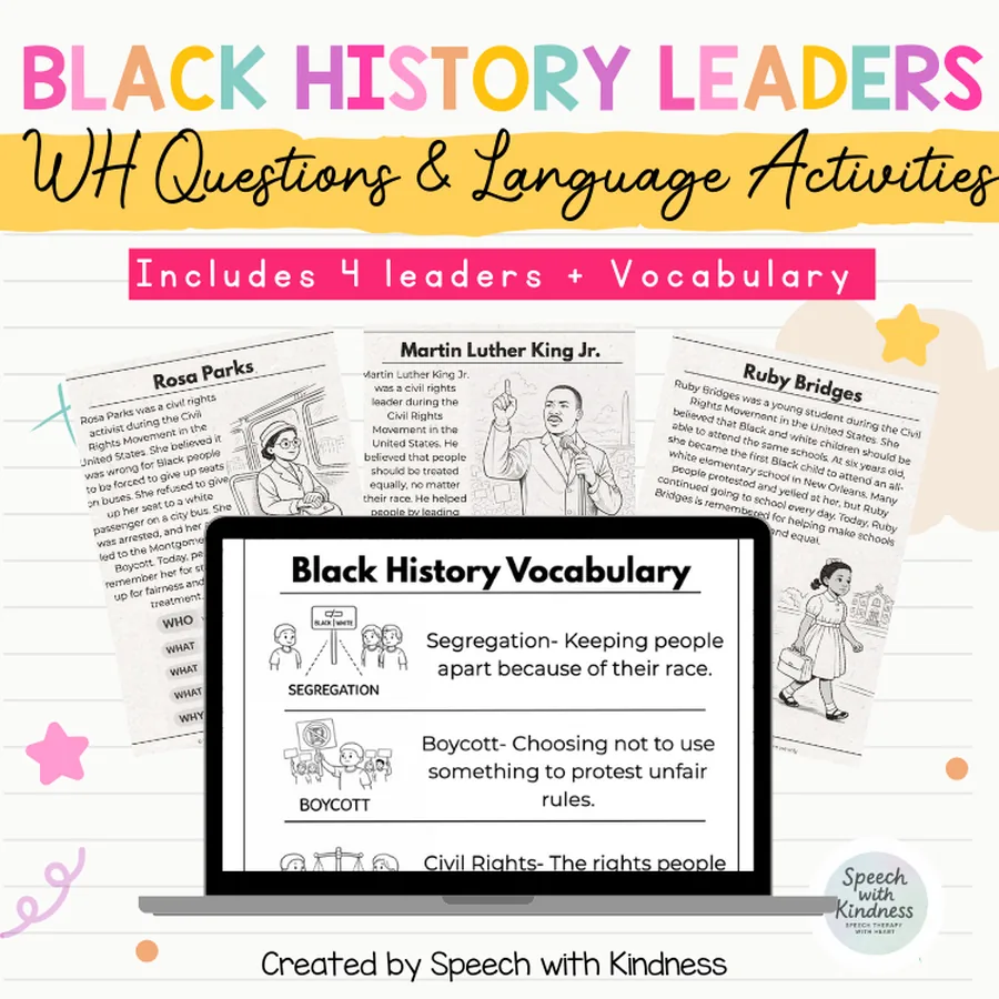 Passage pages for Rosa Parks, Dr. King and Ruby Bridges, plus a vocabulary page.
