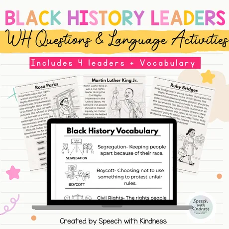 Passage pages for Rosa Parks, Dr. King and Ruby Bridges, plus a vocabulary page.