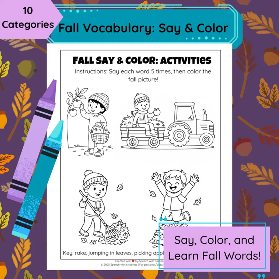 Badged 10 categories of fall vocabulary to say and colour.