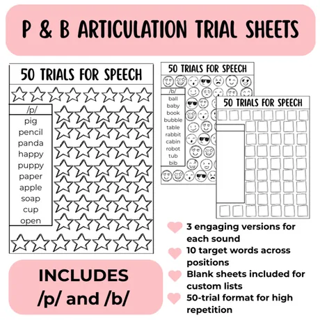 Three versions per sound, ten target words across positions, blank sheets for custom lists.