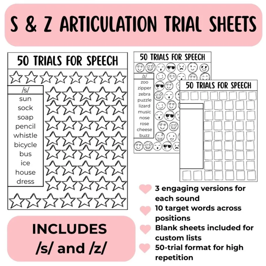 Sample targets run sun, whistle, bicycle and dress, with a blank customisable sheet.