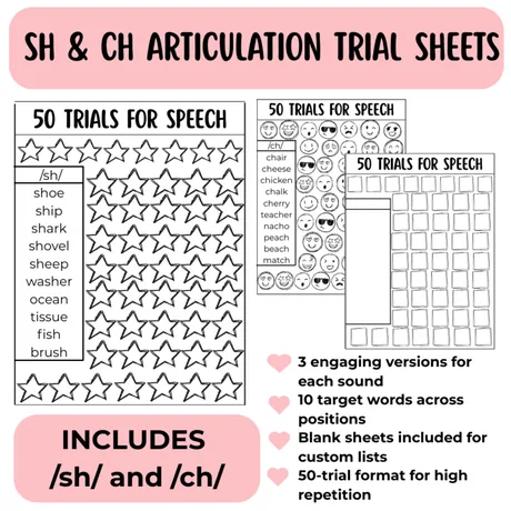 Sample targets run shoe, shovel, ocean and brush, with a blank customisable sheet.