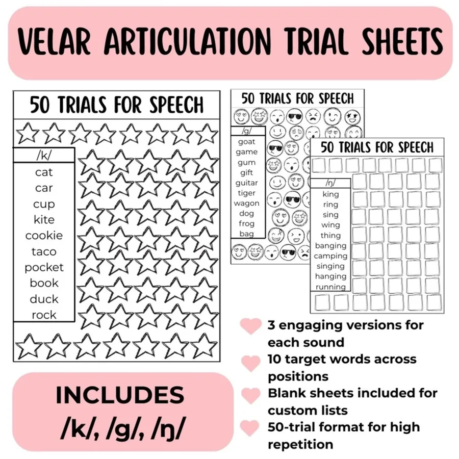 Sample targets run cookie, taco, wagon and duck, with a blank customisable sheet.