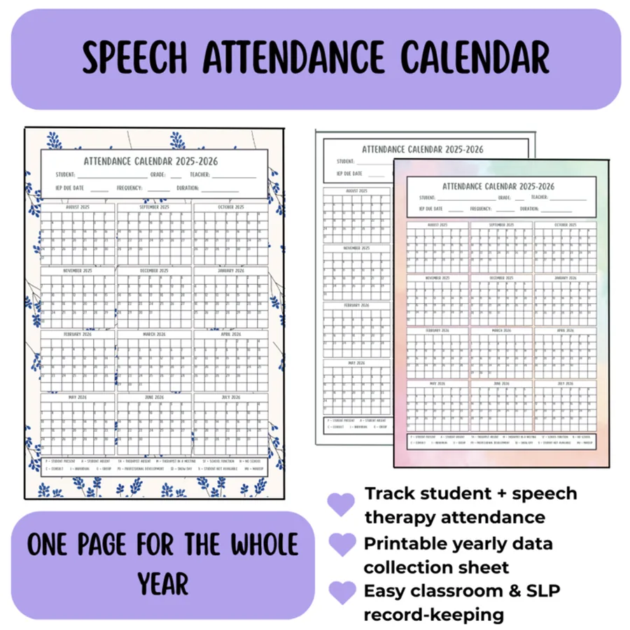 One page for the whole year, tracking both student and speech attendance.