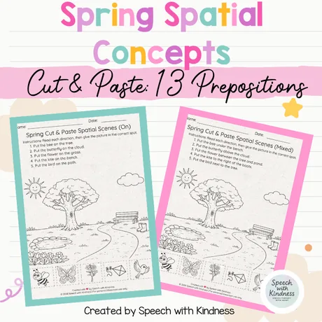 Badged 13 prepositions, cut and paste onto spring scenes.