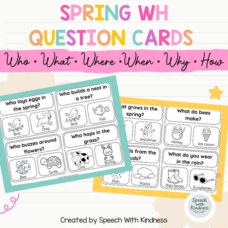 Picture task cards spanning who, what, where, when, why and how.