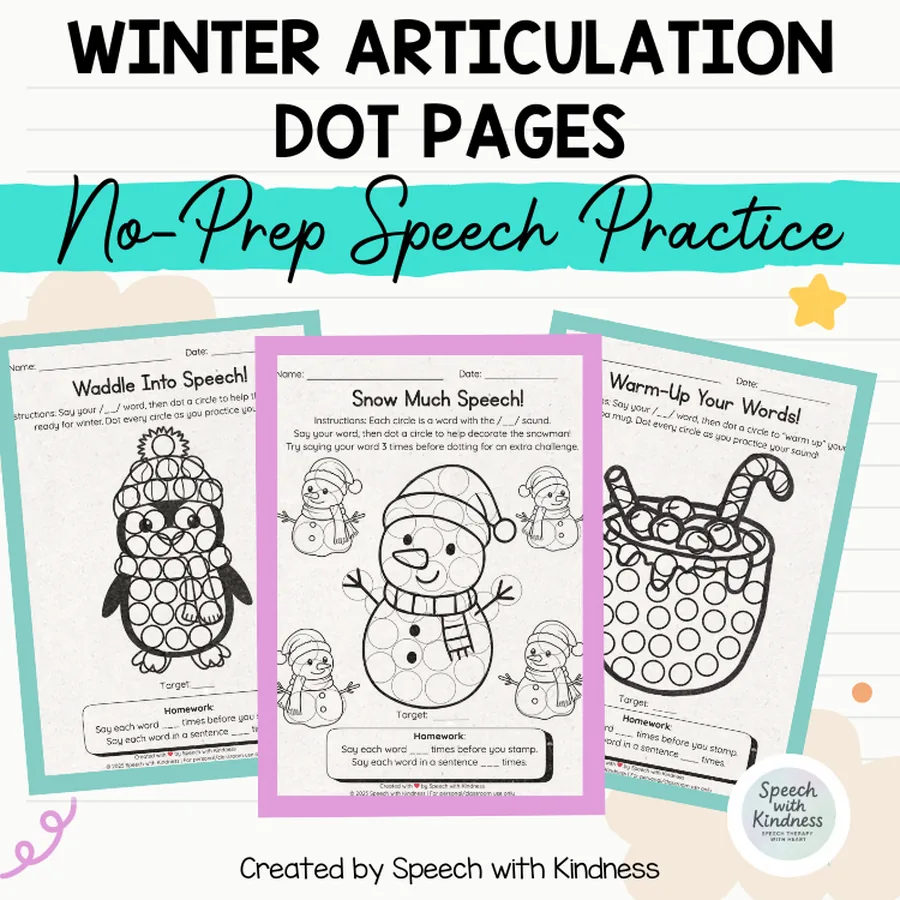 Three dot pages: a penguin, a snowman and a mug of cocoa.